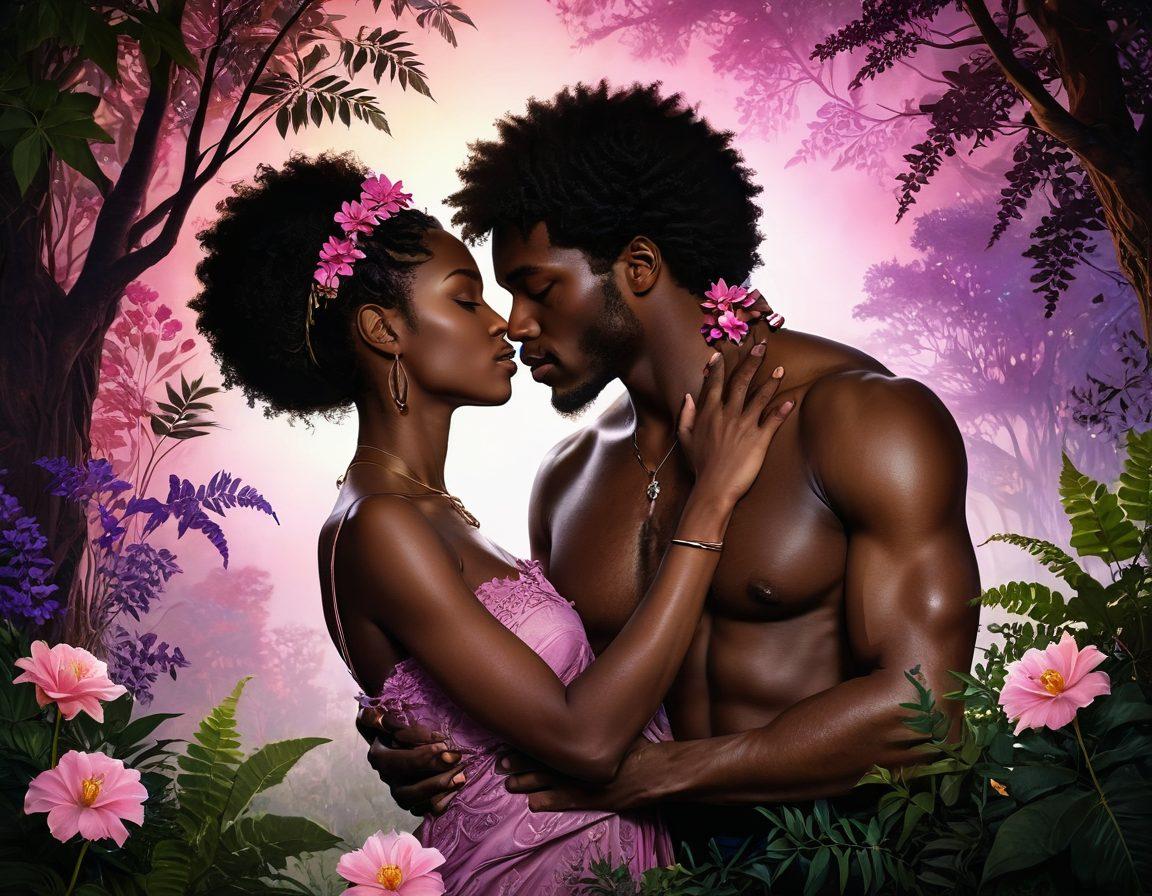 A vibrant, mystical landscape featuring silhouettes of African American couples embracing in a dreamy forest, surrounded by colorful flowers and twinkling lights that evoke sensuality and fantasy. Subtle symbols of sexual wellness, like a heart and a crescent moon, are woven into the foliage. This enchanting scene captures the essence of love, desire, and exploration within African American erotica. super-realistic. vibrant colors. ethereal lighting.