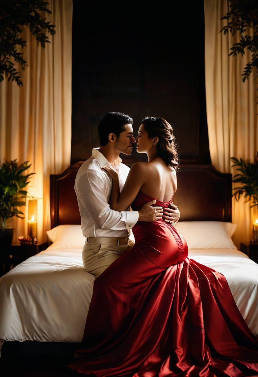 An intimate scene showcasing diverse couples embracing their passion in various artistic poses, surrounded by soft, glowing candlelight and rich, deep colors of red and gold. The ambiance should evoke a sense of romance and desire, with silk sheets and luxurious fabrics emphasizing sensuality. The background can include hints of nature, like lush greenery, enhancing the connection to intimacy. vibrant colors. super-realistic. 
