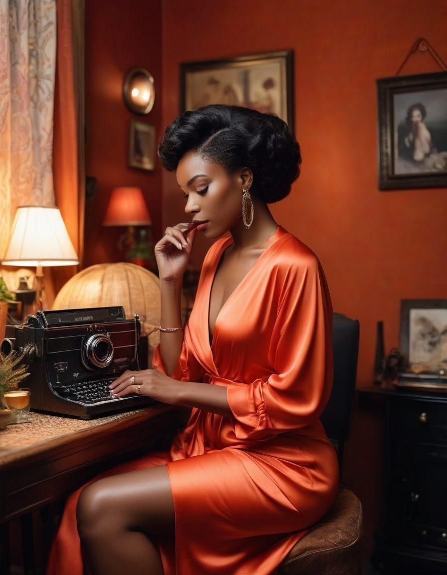 A sultry scene depicting a confident Black woman elegantly transitioning from a film set to a cozy blogging nook, surrounded by sensual decor and vibrant colors that evoke desire. The setting captures a mix of glamour and intimacy, with soft lighting illuminating her thoughtful expression as she writes. Include elements like a vintage camera, a laptop, and flowing fabrics that symbolize both adult film and sensual blogging. super-realistic. vibrant colors. intimate atmosphere.
